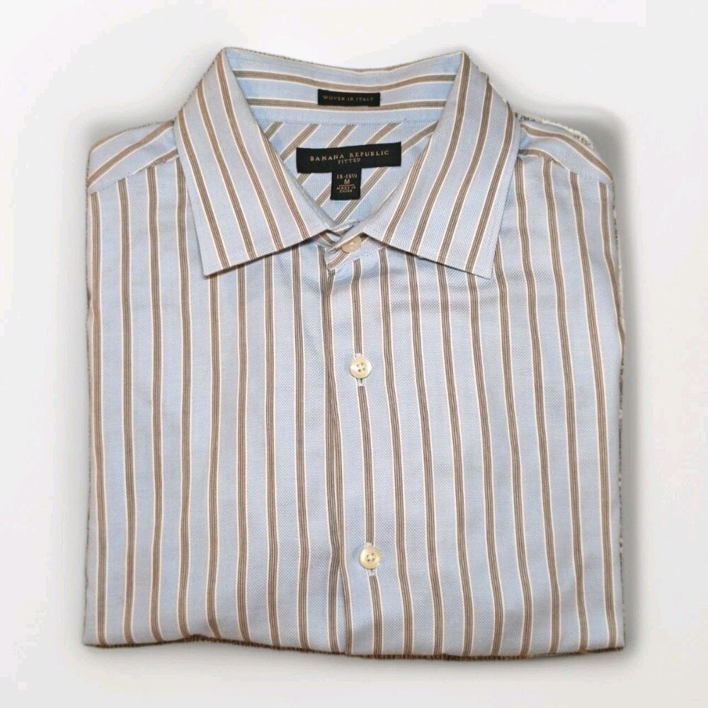 Banana Republic Mens Fitted 15-15.5 M Blue - Brown Striped Button Up Dress Shirt